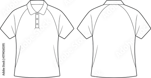Short sleeve polo shirt front back view, raglan sleeve sketch, fashion flat drawing, garment template, cad drawing flat vector illustration