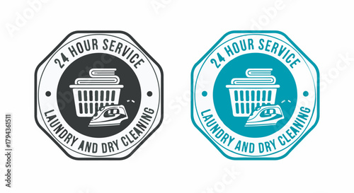 Professional 24 Hour Laundry and Dry Cleaning Service Emblem Vector Icon Design