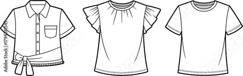 Short-sleeved tops, button-up shirt, ruffle sleeve blouse, basic t-shirt, fashion flat sketch, vector illustration, garment CAD
