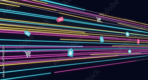 Neon Cyber Shopping Lines Background with Sale Tags and Discount Icons – Modern Ecommerce Promo Design