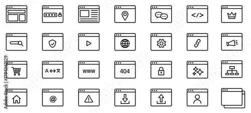 ブラウザアイコン、ウェブサイトの編集可能なラインアイコンセット