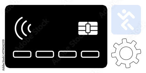 Contactless card with chip, NFC waves, person icon, and gear symbol, focusing on fintech, digital payment, mobility, innovation security automation. Ideal for financial services representation
