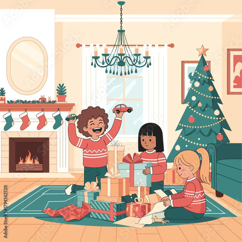 Joyful children gather around a Christmas tree, exchanging gifts and celebrating the holiday spirit in a cozy, decorated living room with a fireplace.