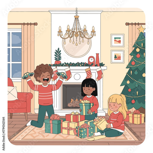 Three happy children opening Christmas presents by a decorated tree and fireplace in a cozy living room, celebrating the holiday season.
