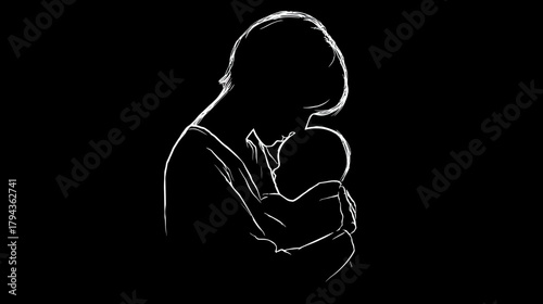 Loving Mother Holding Baby Silhouette Outline Art on Black Background, Tender Maternal Care, Family Bond, New Life