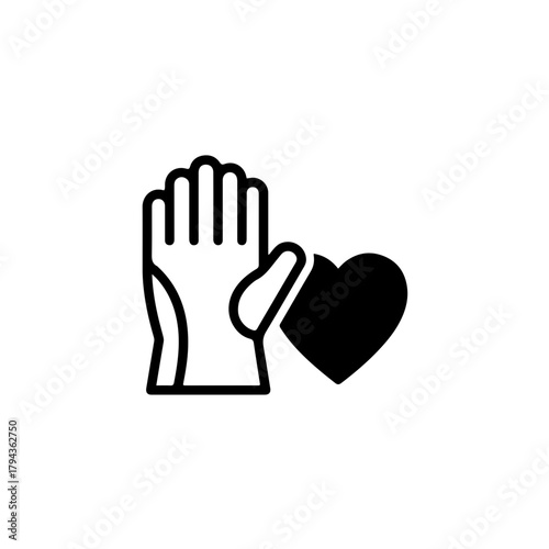 black and white symbol combining a work glove next to a heart. This design represents physical volunteer labor, donation of time, and effort driven by compassion and dedication