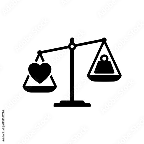 black and white design showing traditional scales perfectly balanced, with a heart (charity/empathy) on one pan. Symbolizing charity as a vital tool for achieving social justice, equality