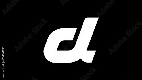 Modern abstract stylized letter D in white on a black background, representing design, digital, or technology concept