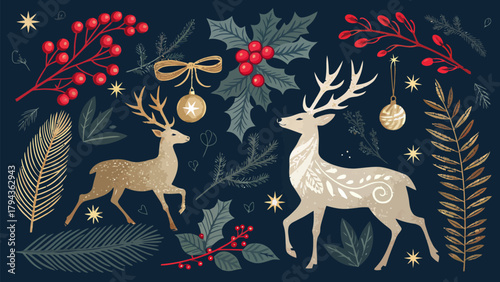 christmas card with deer, different decorative pattern on black background