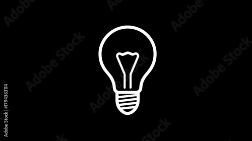 Simple white light bulb outline on black background symbolizing new ideas, innovation, electricity, and creative thinking