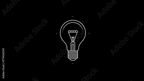Minimalist White Outline Lightbulb Icon on Black Background for Bright Idea, Innovation, Creativity, and Solution Concepts
