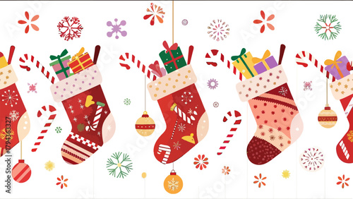 christmas socks with gifts on decorative white background