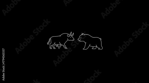 Bull and Bear Market Symbols Outline on Black Background - Financial Investment, Stock Trading, and Economic Strategy