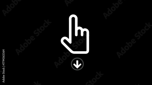 UI scroll down hand cursor icon with arrow, digital interface element for website navigation or mobile app interaction.