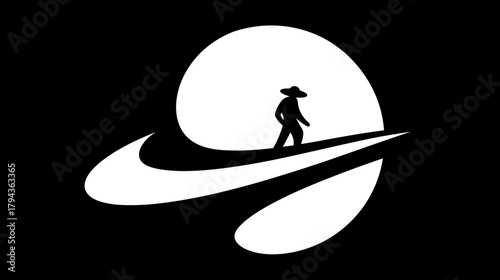 Stylized minimalist graphic of a solitary figure in a wide-brimmed hat walking on a dynamic curved path within a glowing crescent shape.