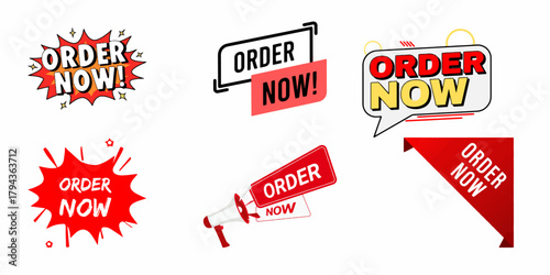 Set of badges for "Order Now." Sale quality tags and labels.  Template banner shopping badges.  Black Friday, special offer, buy now, sale, discount, shop Vector illustration