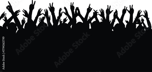 Silhouette crowd with raised hands, peace signs, celebration, unity, black figures, white background, rally scene, energetic people, abstract illustration