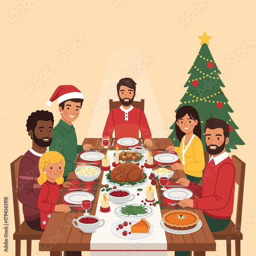 A diverse family gathers around a festive Christmas dinner table, sharing a holiday meal together beneath a decorated Christmas tree, creating a warm and joyful scene.