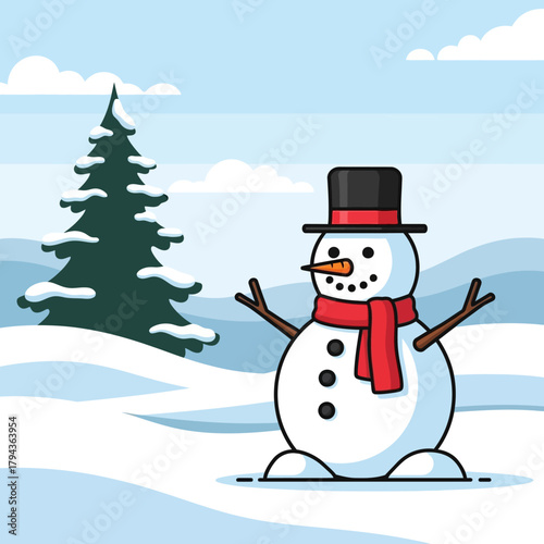 A charming cartoon snowman, adorned with a black top hat and a vibrant red scarf, stands cheerfully amidst a serene, snow-covered winter landscape with evergreen trees.