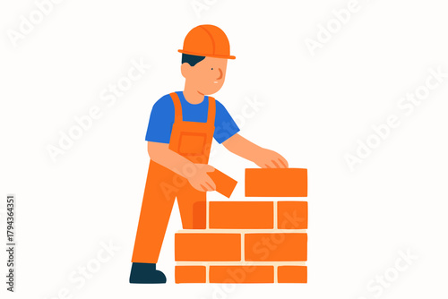Builder Constructing Brick Wall – Simple Flat Vector