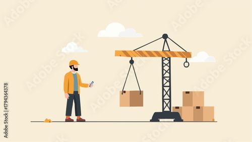 Builder with Crane Lifting Box – Minimal Line-Art Vector