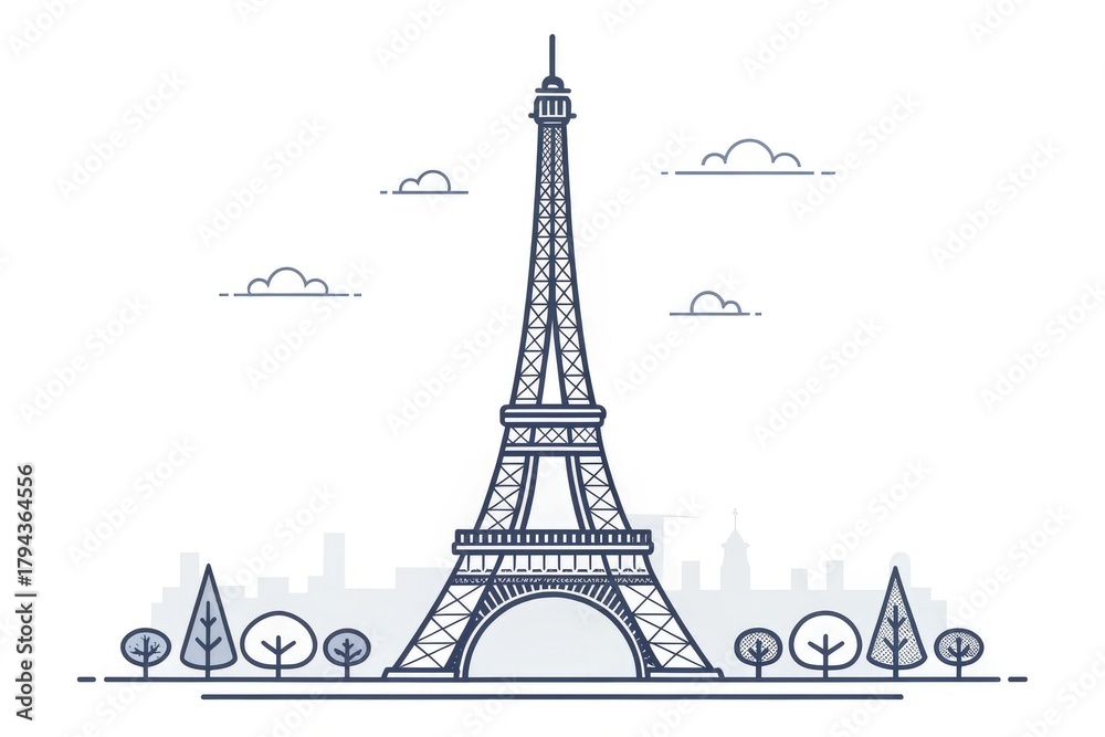 Obraz premium Eiffel Tower Stands Tall in a Minimalist Paris Skyline With Clouds Above