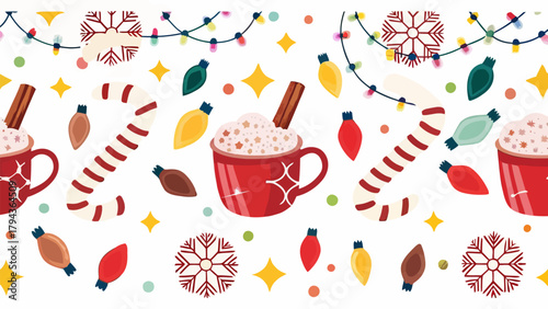 Festive christmas pattern with hot cocoa candy canes snowflakes and string lights on a white background
