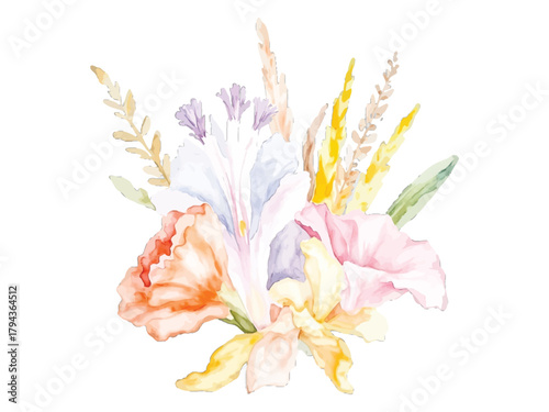 Watercolor floral arrangement with soft colors, transparent background, vector, illustration