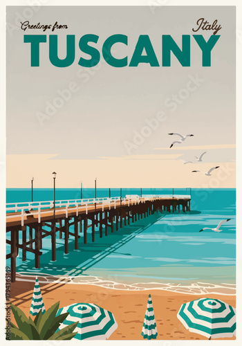 Vintage travel poster illustration of wooden pier stretching over tropical sea and beach