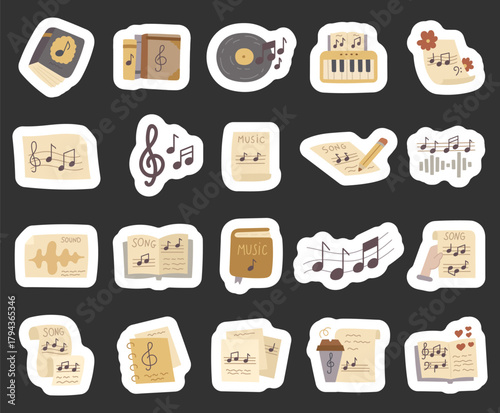 Music set in scandinavian style showing book, record, sheet, and creative objects for studying melody, writing song, learning exploring sound composition in education projects