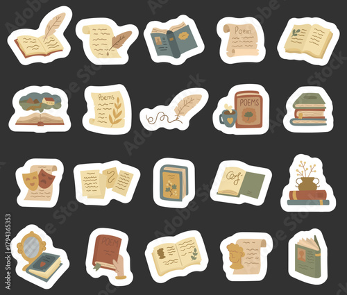 Literature subject set in scandinavian style featuring books scrolls poems feathers masks and imagination objects for education reading culture creativity and story inspiration