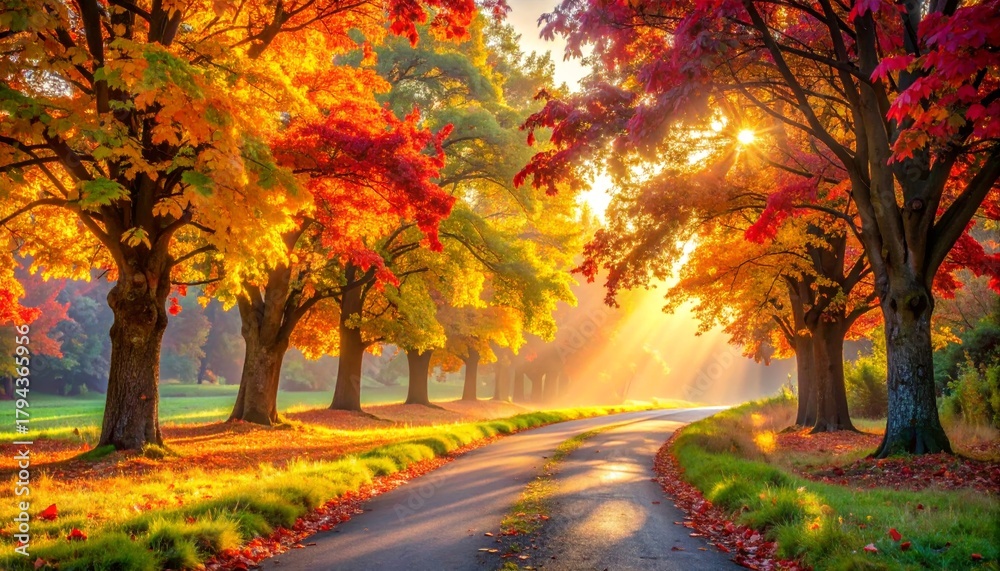 Naklejka premium Scenic Country Road Through a Colorful Autumn Forest at Sunrise
