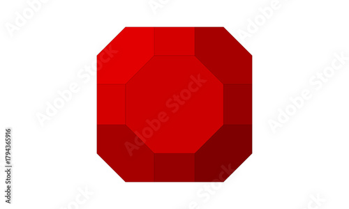 Red 3D octagon gem shape with smooth facets and bold abstract shading