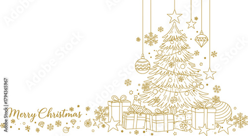 Golden Merry Christmas tree with gift boxes, hanging ornaments, stars, snowflakes, festive winter background, elegant holiday celebration design illustration
