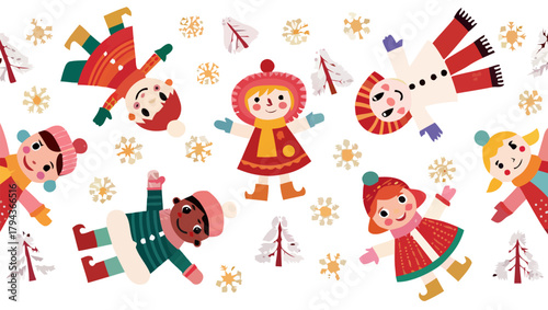 Illustration of children in winter clothing playing in the snow with snowflakes and trees scattered around