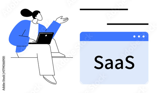 Woman using laptop while presenting SaaS platform concept, highlighting digital solutions and service efficiency. Ideal for startup, cloud service, tech innovation, business, strategy, presentation