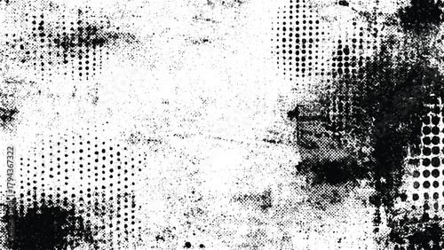 Abstract black and white grunge texture with halftone dots and ink splatters isolated on transparent background, Vector, illustration.