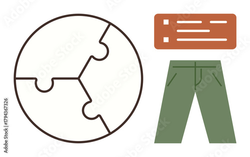 Puzzle globe representing global unity, chart for strategy, and green pants symbolizing eco-friendly practices. Ideal for sustainability, collaboration, environmental awareness, circular economy