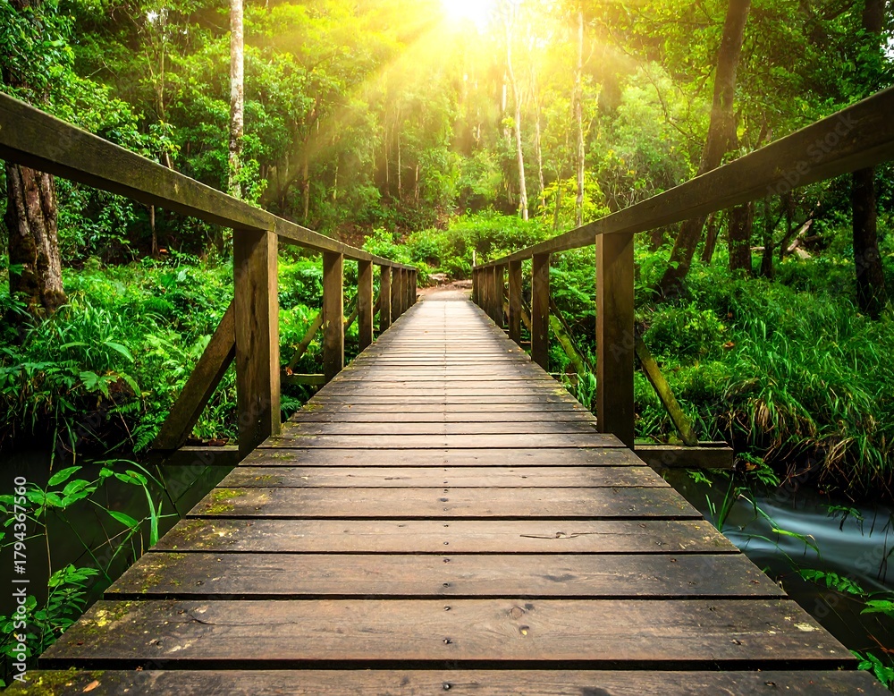 Fototapeta premium A sunlit wooden bridge spans a stream, leading into a vibrant forest