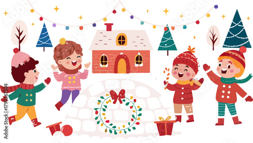 Cartoon illustration of children playing outside a house decorated for the winter holidays season