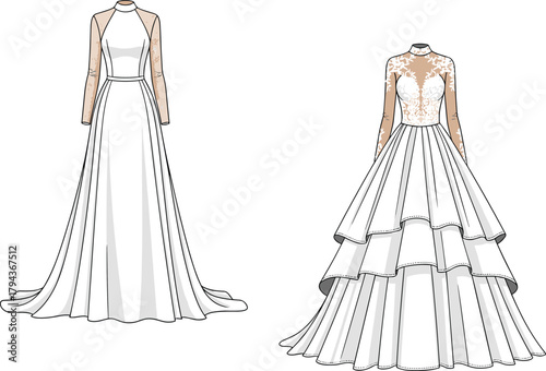 Elegant Wedding Dress Illustration Featuring Front and Back Views, Lace and Tulle Bridal Gown Design, Fashion Vector for Special Occasions