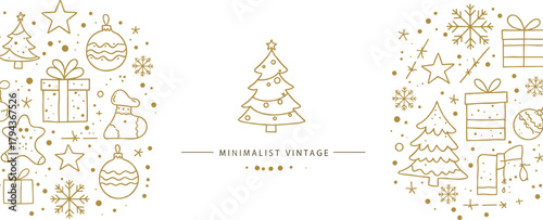 Minimalist vintage Christmas illustration, gold line art holiday icons, festive tree gifts snowflakes, elegant seasonal banner design, modern winter celebration graphic