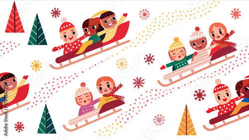 Illustration of children sledding down a snowy hill with christmas trees and snowflakes scattered around them
