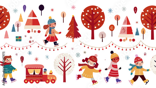 Illustration of children ice skating with trees, snowflakes, and a train in a winter scene