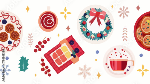 Festive holiday arrangement featuring plates of food, a wreath, and a cup of hot beverage