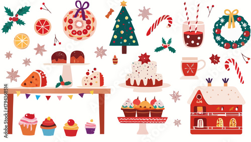 Illustration of christmas treats and decorations including cakes candies and a decorated tree in bright colors