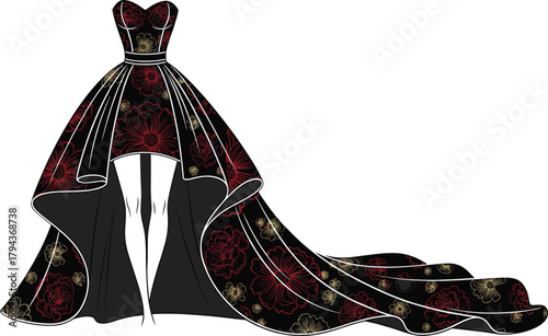Luxurious Black Strapless High-Low Evening Gown Vector with Red and Gold Floral Pattern for Fashion, Bridal, Costume, and Design Use