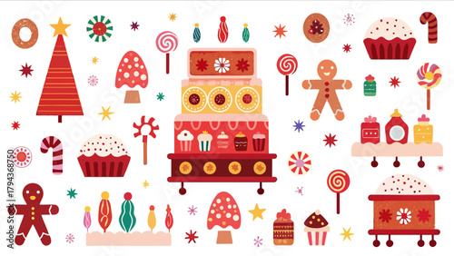 Festive array of christmas sweets and decorations including gingerbread men and a tiered dessert stand