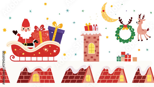 Illustration of santa in a sleigh with gifts and a chimney with a reindeer and moon design