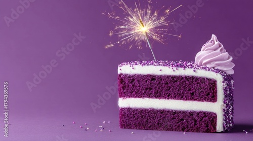 A vibrant purple birthday cake with fluffy white filling and a celebratory sparkler creates a joyful atmosphere for a special occasion. Sweet treats and colorful decorations surround it